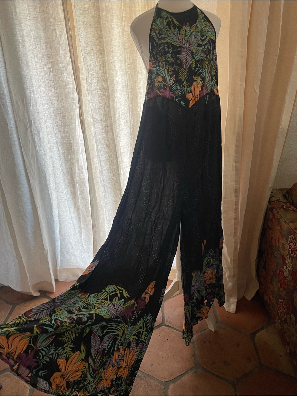 Intimately Free People Sleeveless Black Lace-Back Floral-Trim Wide Leg Jumpsuit - Picture 6 of 14
